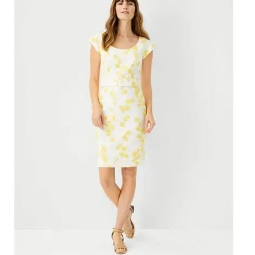 Ann Taylor Floral Cap Sleeve Scoop Neck Belted Mini Sheath Dress Yellow 8 NWT